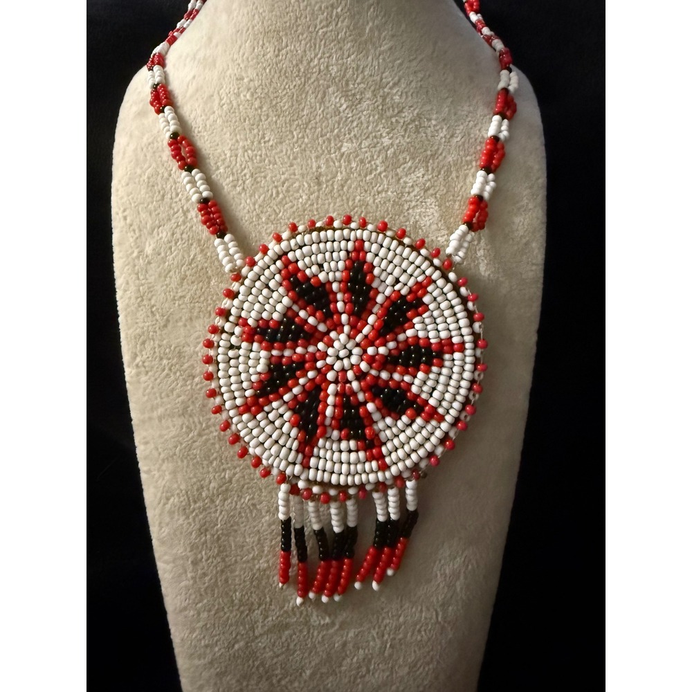 Handmade Southwestern Beaded Medallion Necklace Starburst Fringe